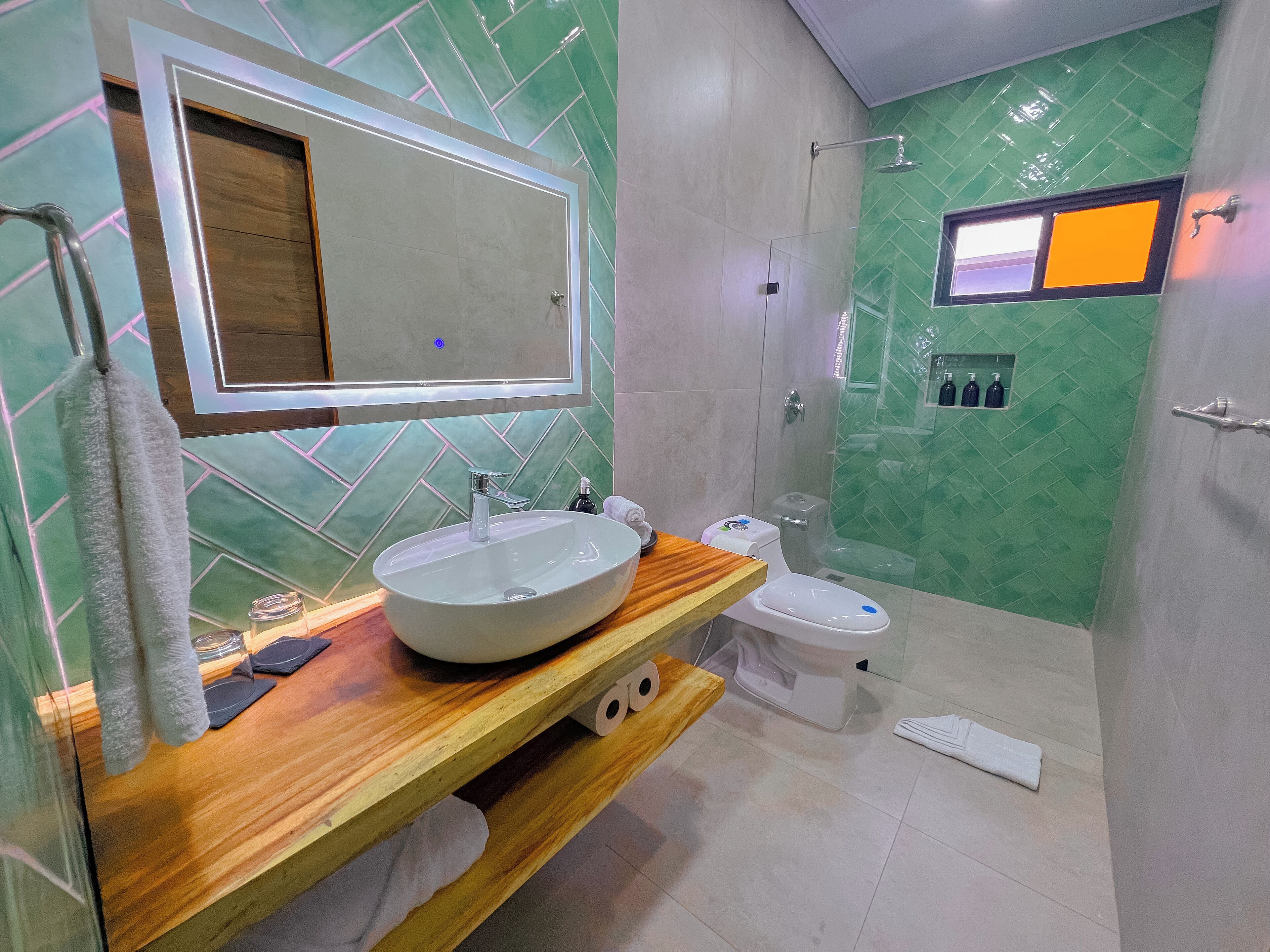 Shower, hair dryer, towels, soap