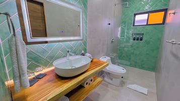 Shower, hair dryer, towels, soap