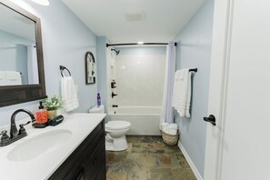 Hair dryer, towels, soap, shampoo