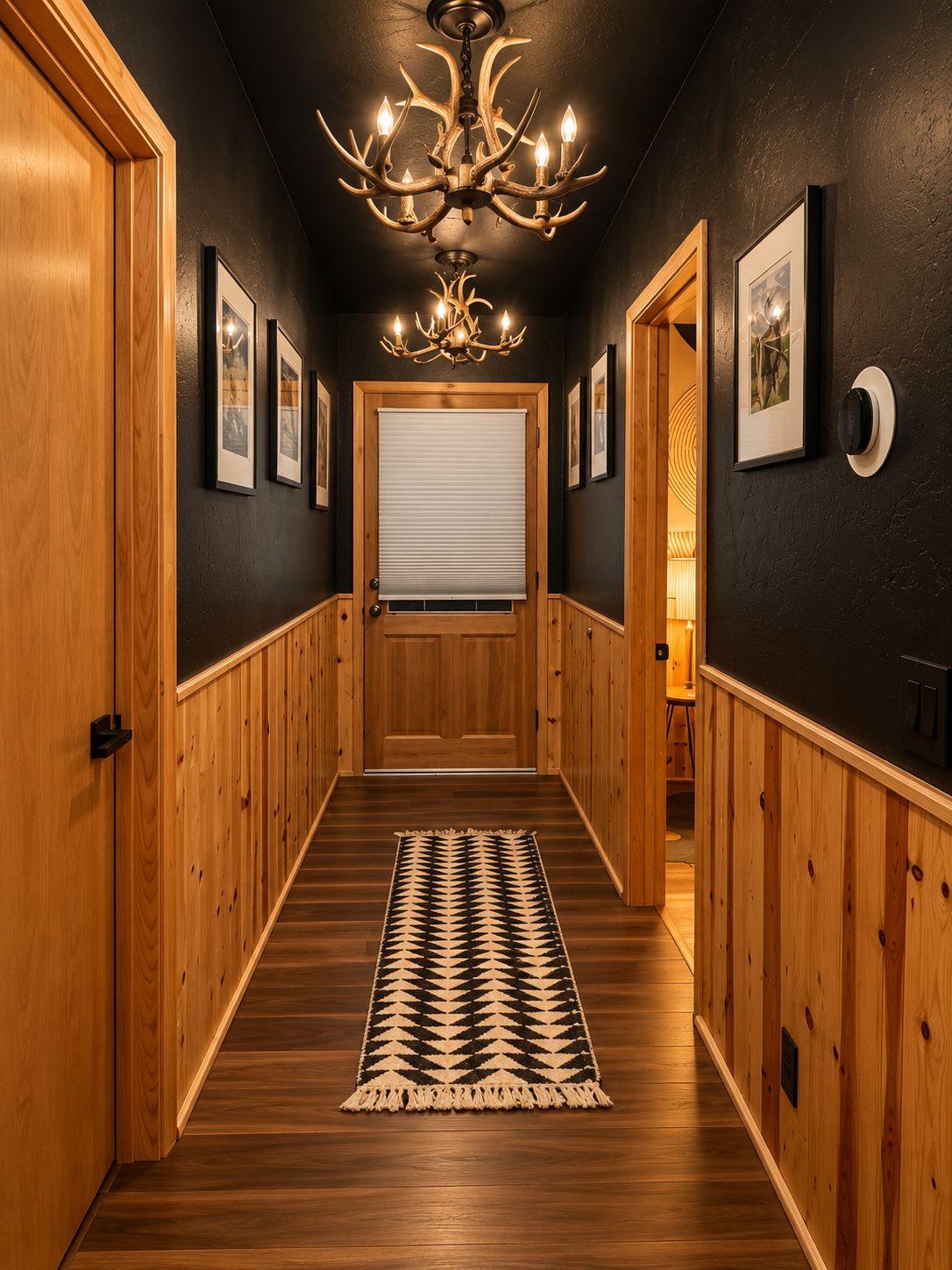 Um corredor com lambris de madeira, tapete estampado, lustre e quadros nas paredes.