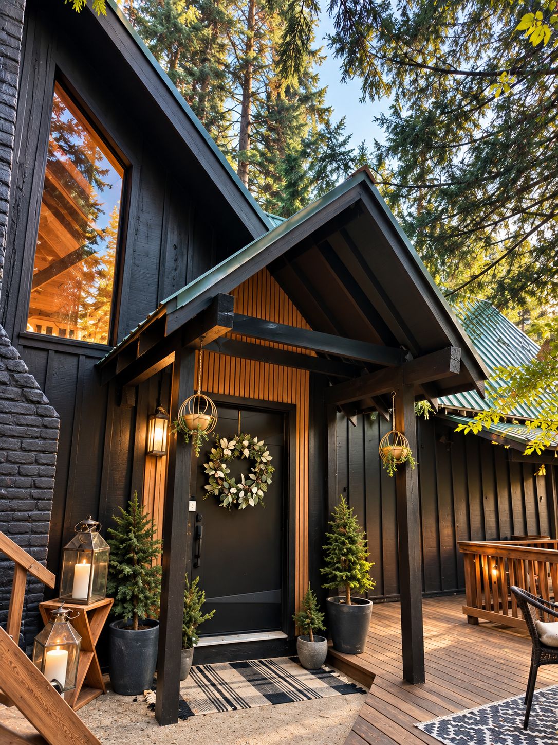A wooden cabin with a covered porch, a front door with a wreath, and potted Christmas trees.