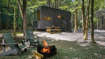 A cabin with a fire pit, surrounded by trees, and a picnic table.