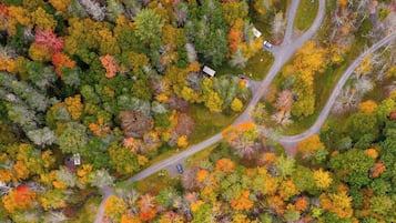 Vista aérea de uma área arborizada com estradas sinuosas e edifícios pequenos.