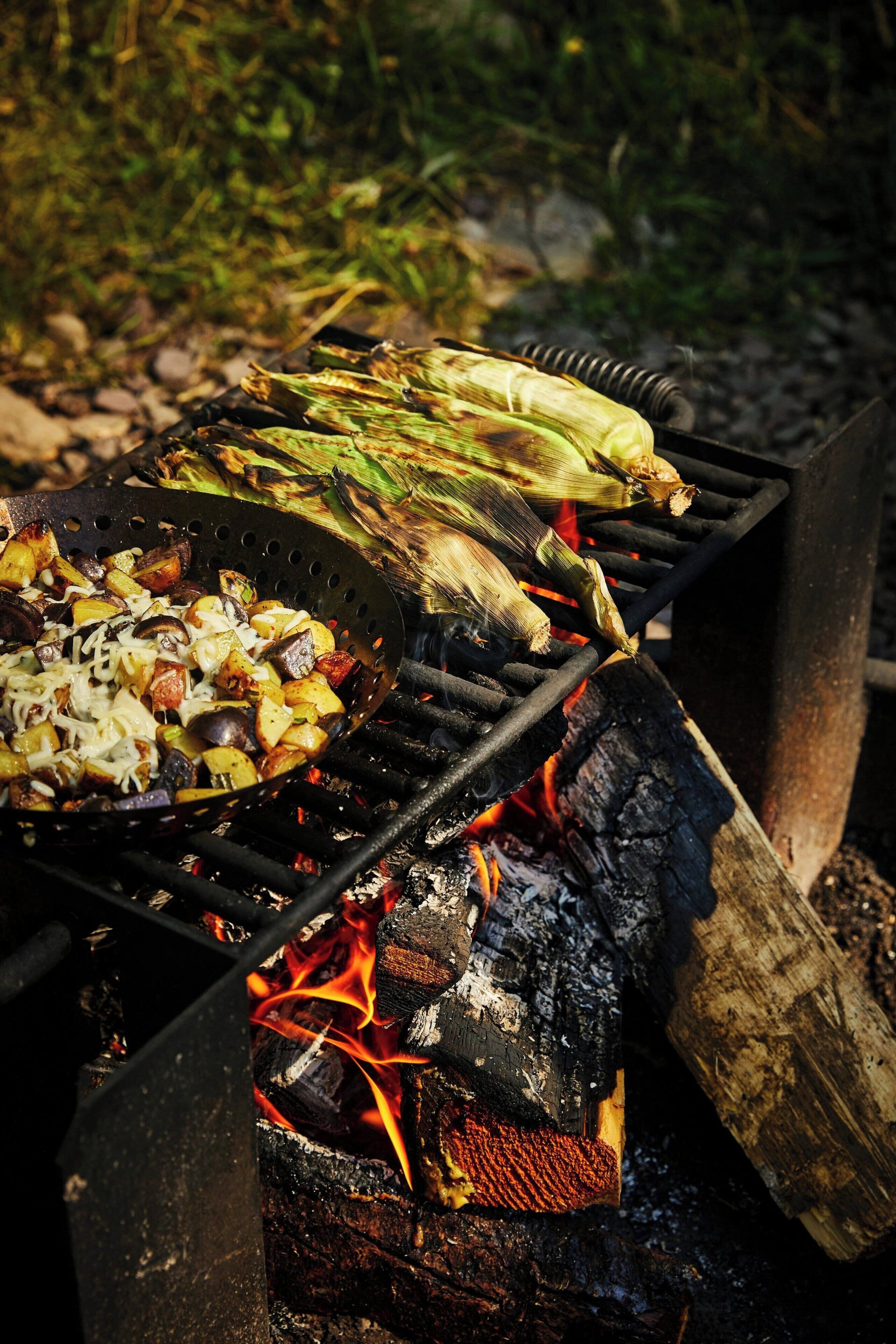 A grill with vegetables and corn on a fire.