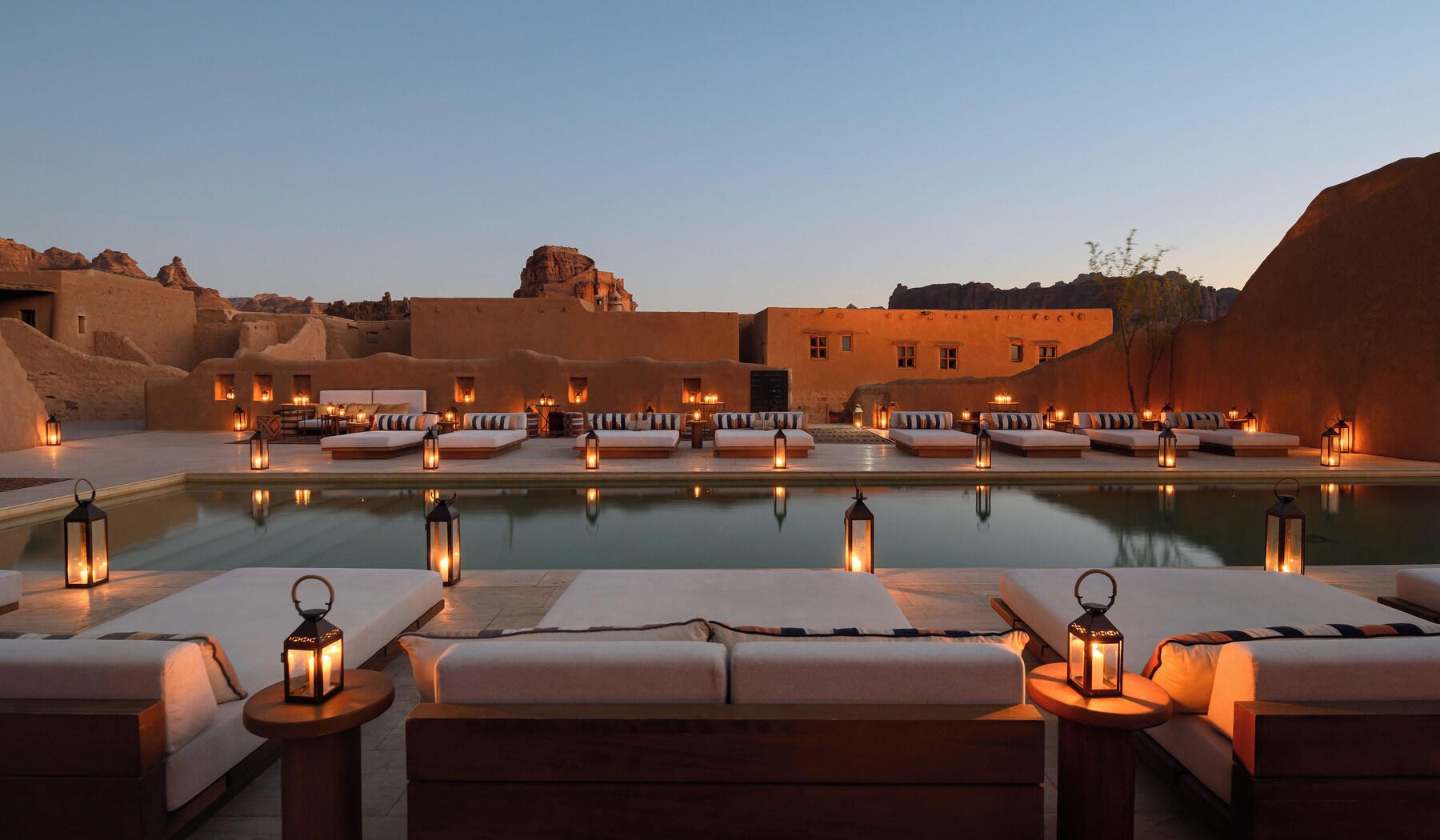 Outdoor pool, pool umbrellas, pool loungers