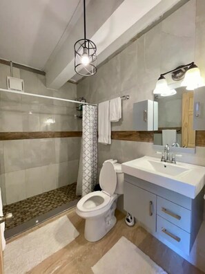 Shower, hair dryer, towels, soap