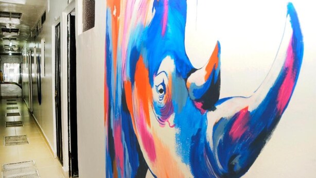 A hallway with a colorful elephant mural on the wall. - Hostal Chorro De Quevedo Candelaria (Bogotá)