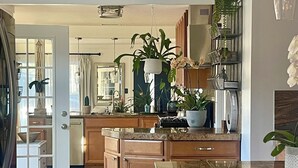 Una cocina moderna con encimeras de granito, armarios de madera y una isla central. Se observan varias plantas, una lámpara colgante y un horno empotrado.