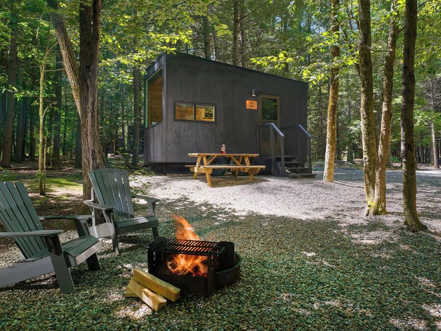 A cabin with a fire pit, surrounded by trees, and two Adirondack chairs.