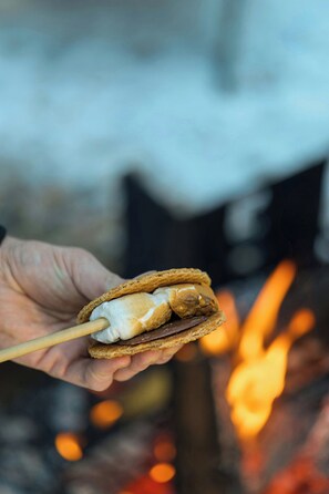 A hand holding a marshmallow sandwich over a campfire. - Postcard Cabins Beaver Creek, Outdoor Collection by Marriott Bonvoy (Lisbon)