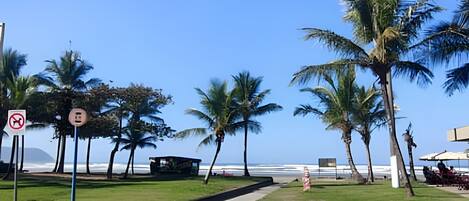 A beachside area with palm trees, a no parking sign, a small structure, and a view of the ocean.