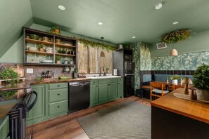 Fridge, microwave, oven, stovetop - Evergreen Dreams | A-Frame Retreat + Hot Tub/Sauna (Polk County)