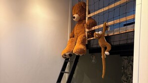 Una habitación con una cama litera, una escalera y un peluche de tigre.