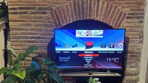 Una sala de estar con un televisor mostrando la pantalla de inicio, una planta en maceta, una mesita con un cuaderno y un control remoto, y un fondo de pared de ladrillo.