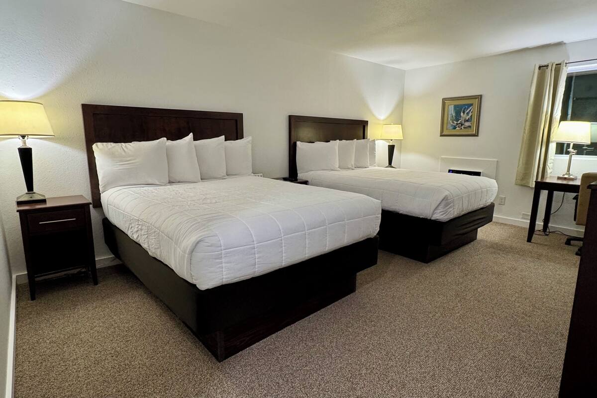 Une chambre d’hôtel avec deux lits, chacun doté d’une tête de lit, de tables de chevet avec des lampes, d’un tableau au mur et d’une fenêtre avec des rideaux.