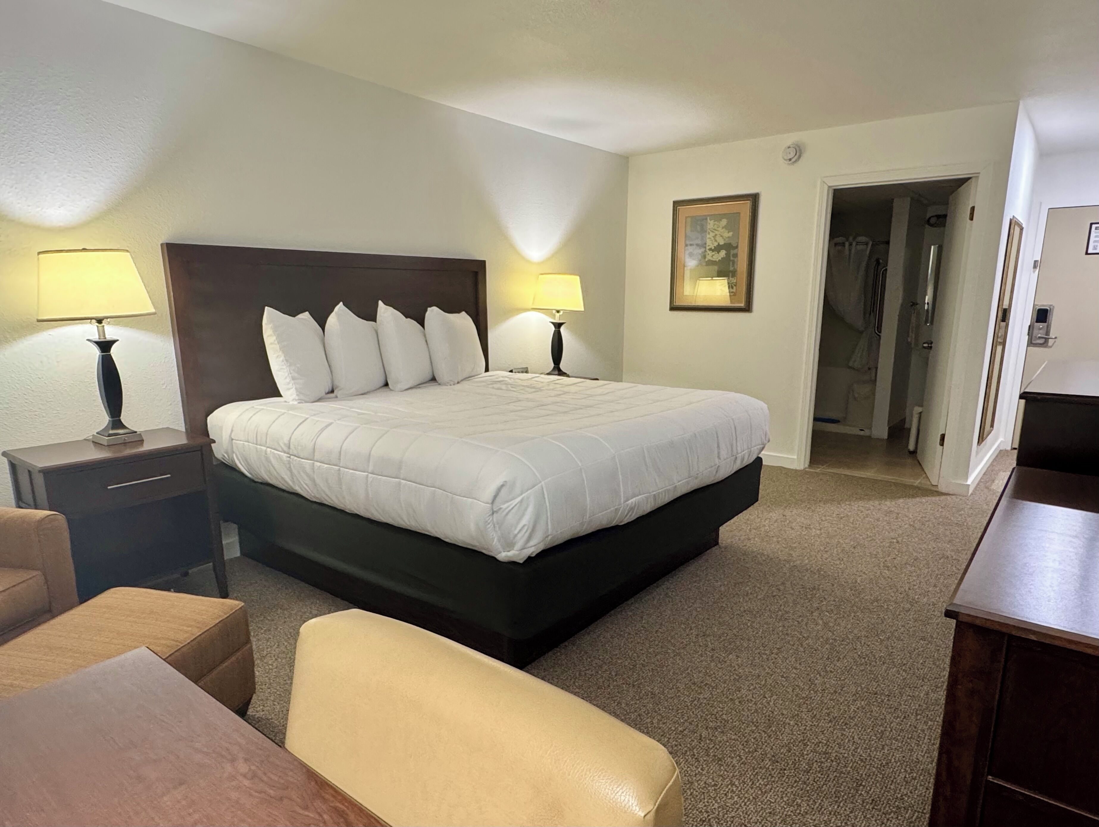 Una habitación de hotel con una cama grande, dos mesitas de noche con lámparas, una silla y un escritorio.