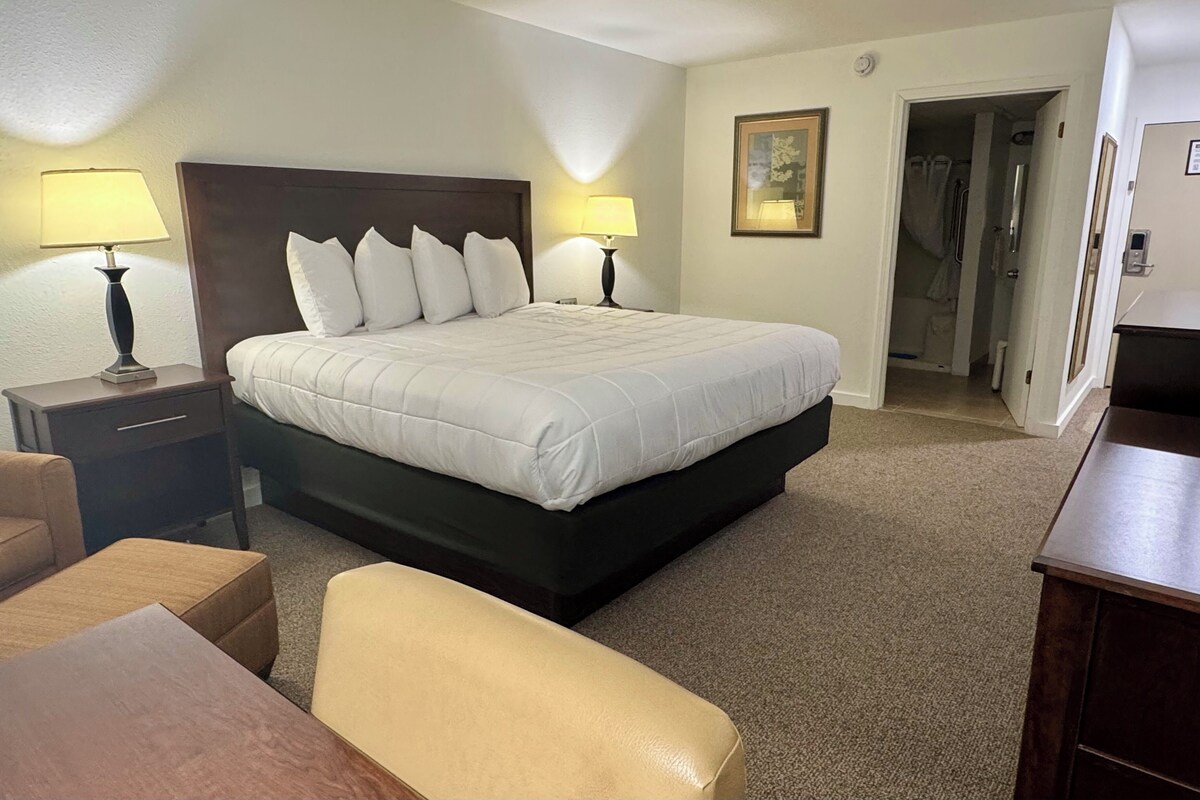 Una habitación de hotel con una cama grande, dos mesitas de noche con lámparas, una silla y un escritorio.