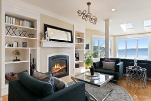 Smart TV, fireplace, books