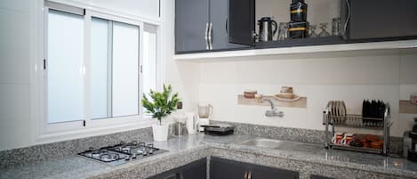 Fridge, oven, stovetop, coffee/tea maker