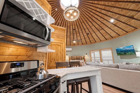 Fridge, microwave, oven, stovetop - Tumbling Brook:  Romantic Luxury Yurt Getaway in the Smoky Mountains (Bryson City)