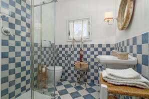 Shower, hair dryer, bidet, towels