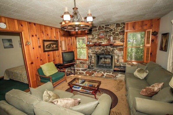 Cabin, Multiple Beds, Patio, Mountain View | Living area | Fireplace