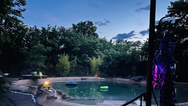 Una piscina amb un pont de fusta, envoltada de vegetació exuberant i una paret de pedra.