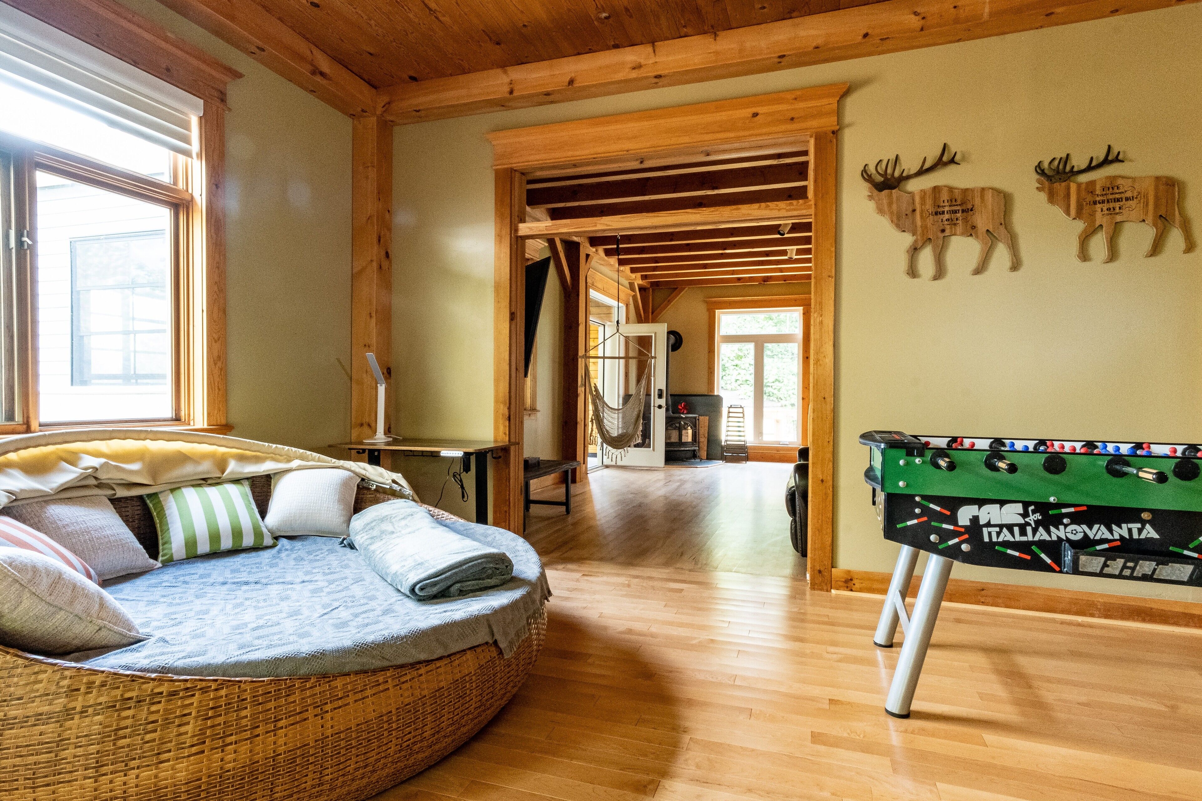 Smart TV, fireplace, table football, books