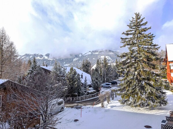 A snowy residential area with houses, a large evergreen tree, and a mountain backdrop.