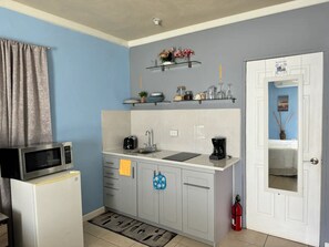 Fridge, microwave, stovetop, coffee/tea maker