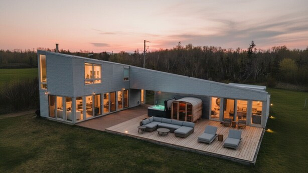 A modern house with a large deck, a hot tub, and a covered outdoor seating area.