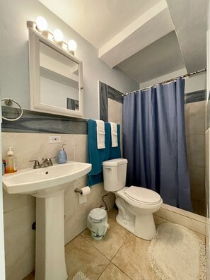 Shower, hair dryer, towels, soap