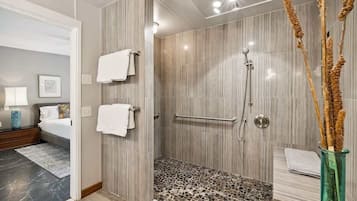 Shower, hair dryer, shampoo