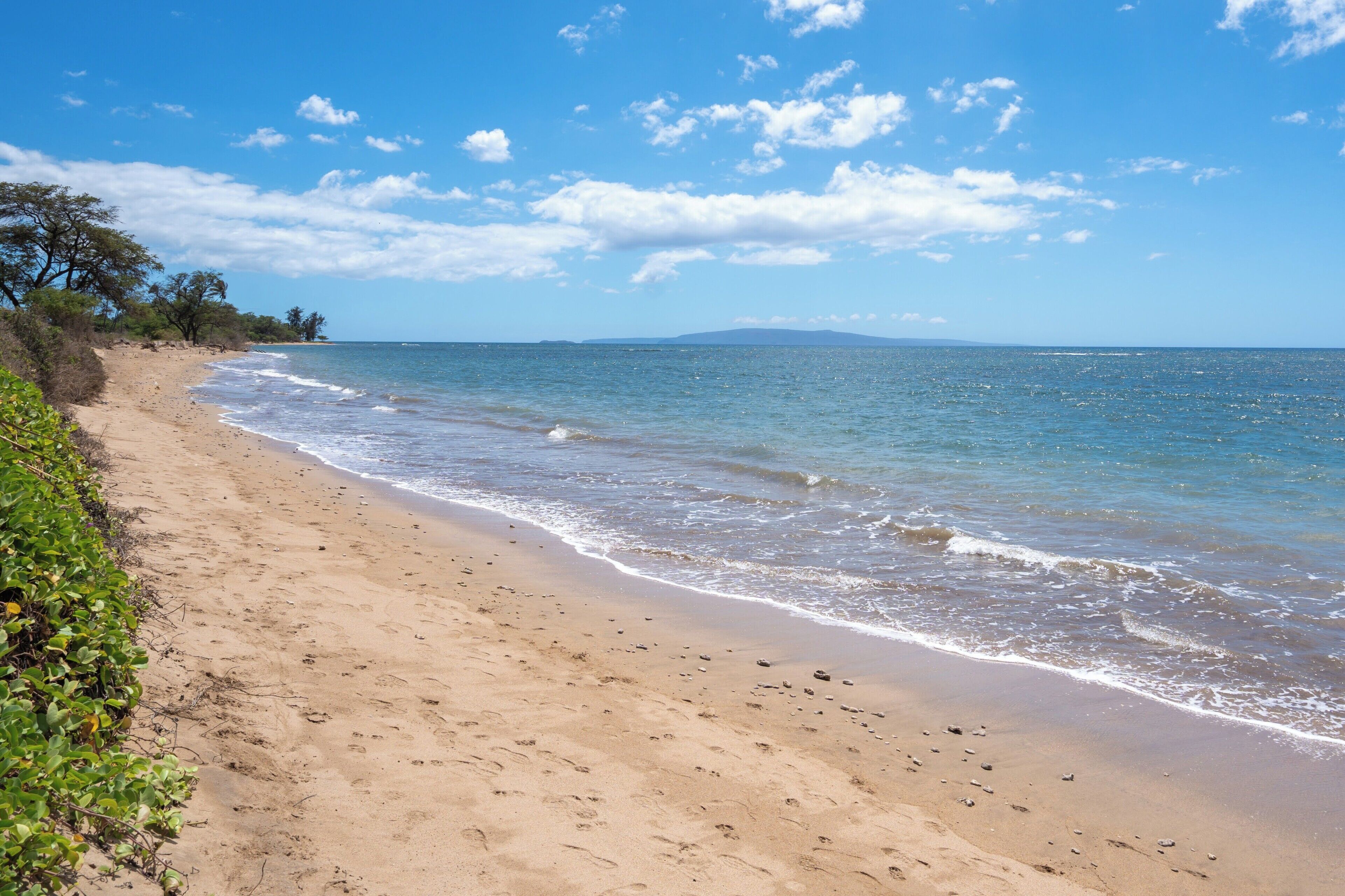 Sur la plage, sable blanc, chaise longue, parasol