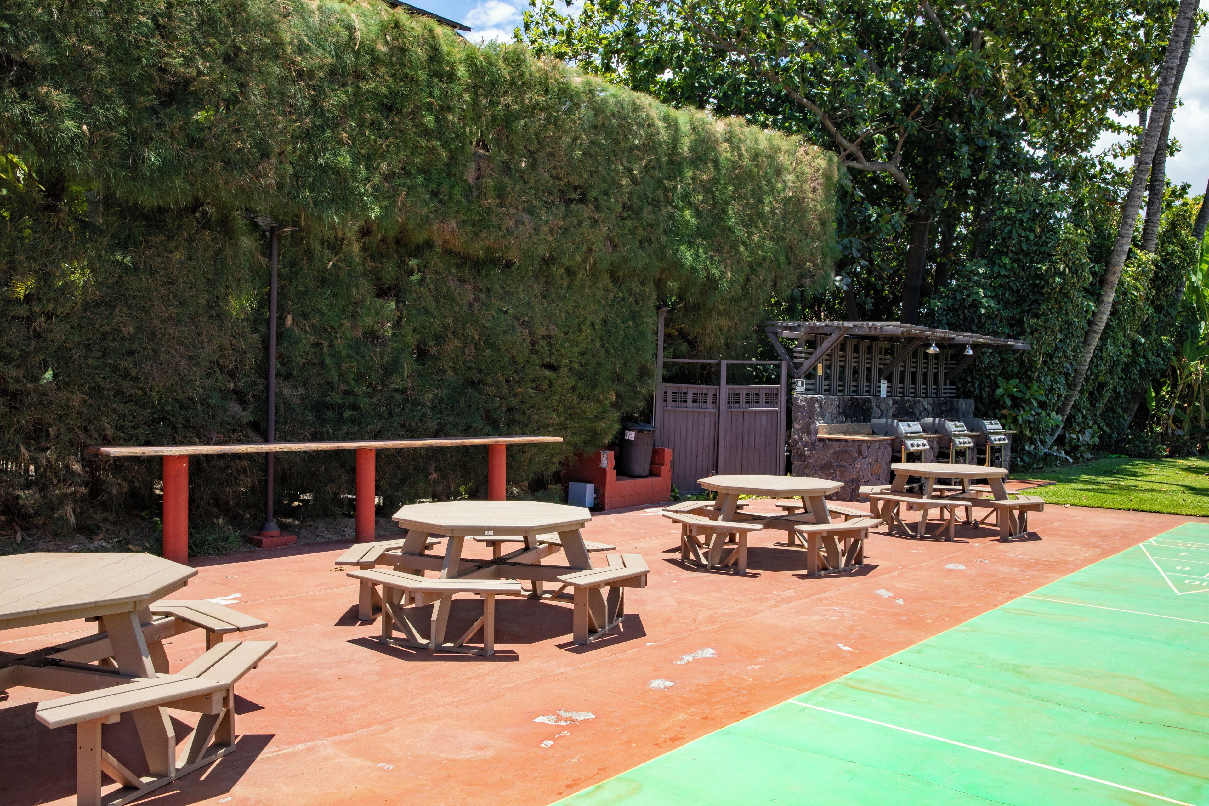 Une terrasse extérieure avec des tables de pique-nique et un espace barbecue.