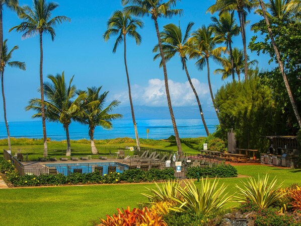 A resort with a pool, lounge chairs, and a view of the ocean.