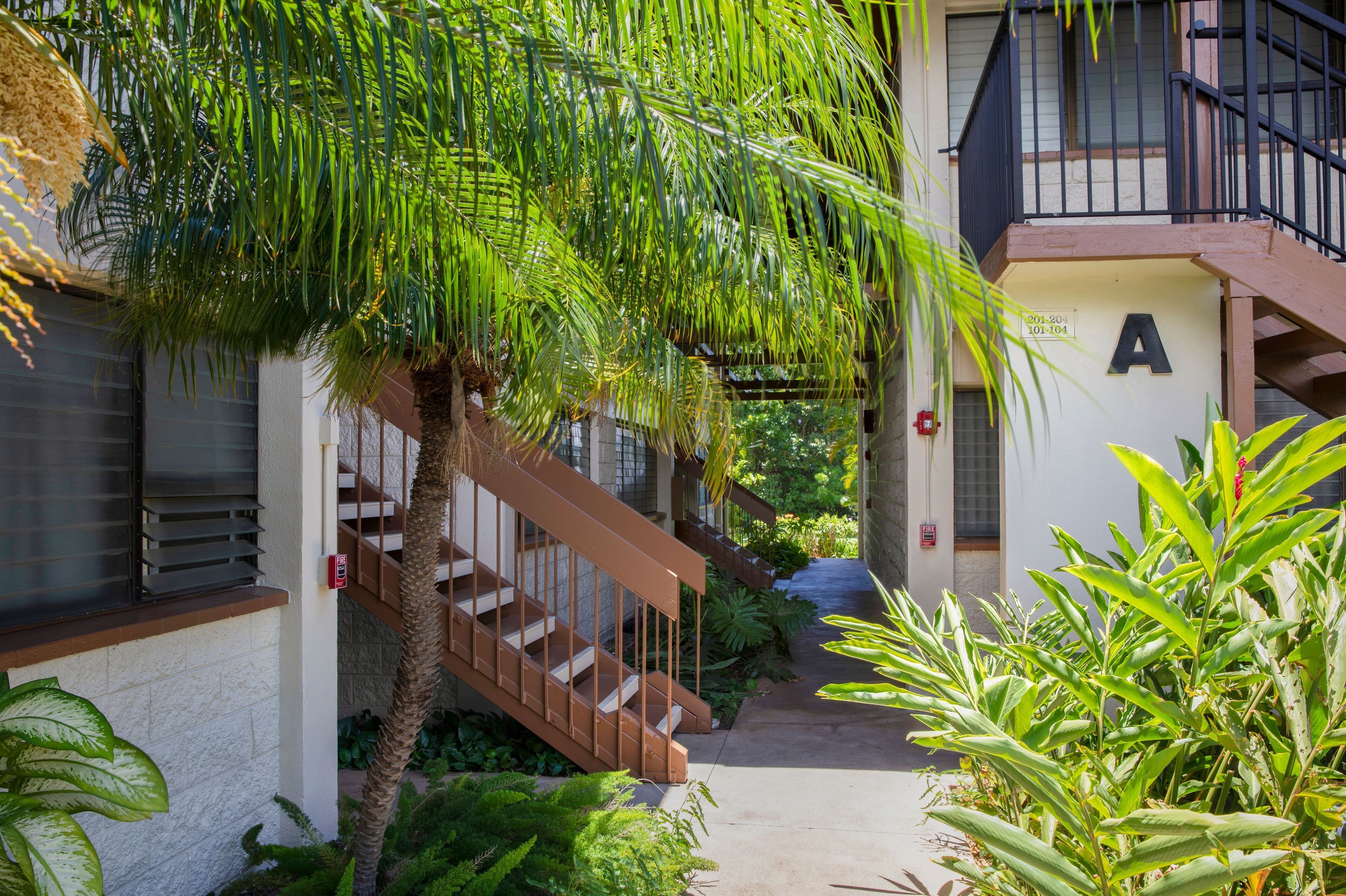 A residential building with a staircase leading to a balcony, surrounded by lush greenery.