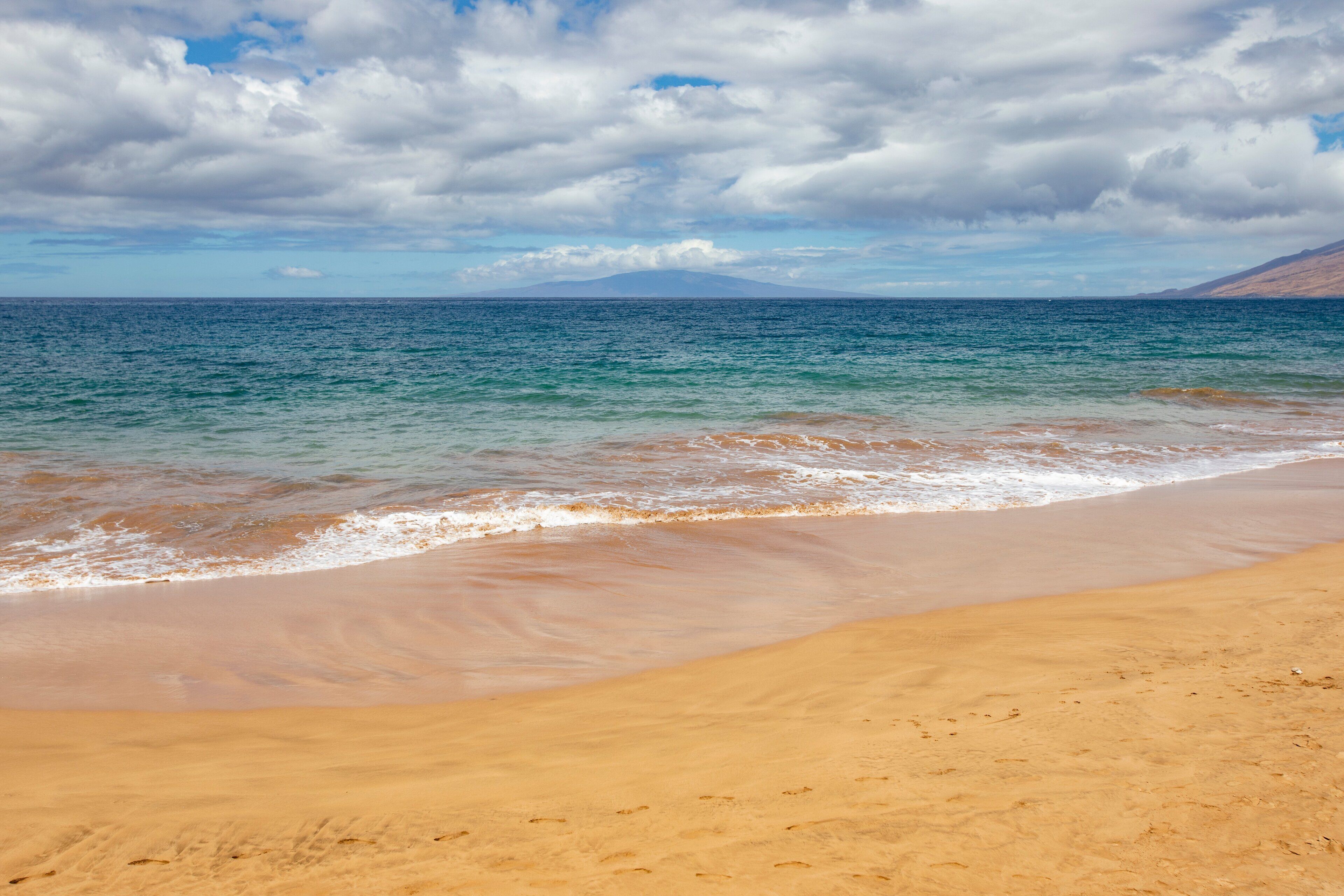 Una playa con arena y vista al océano bajo un cielo nublado.