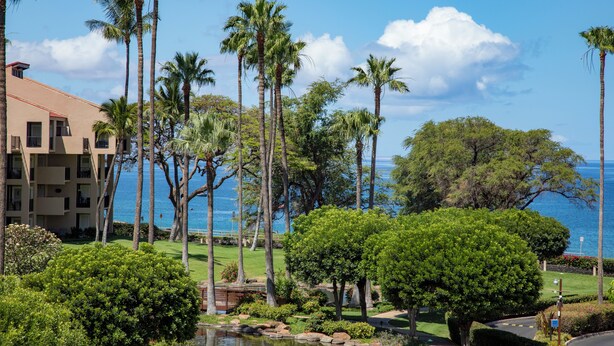 A resort with palm trees, a pool, and a view of the ocean. - Kamaole Sands Condos Close to Beach with Parking (Kihei)