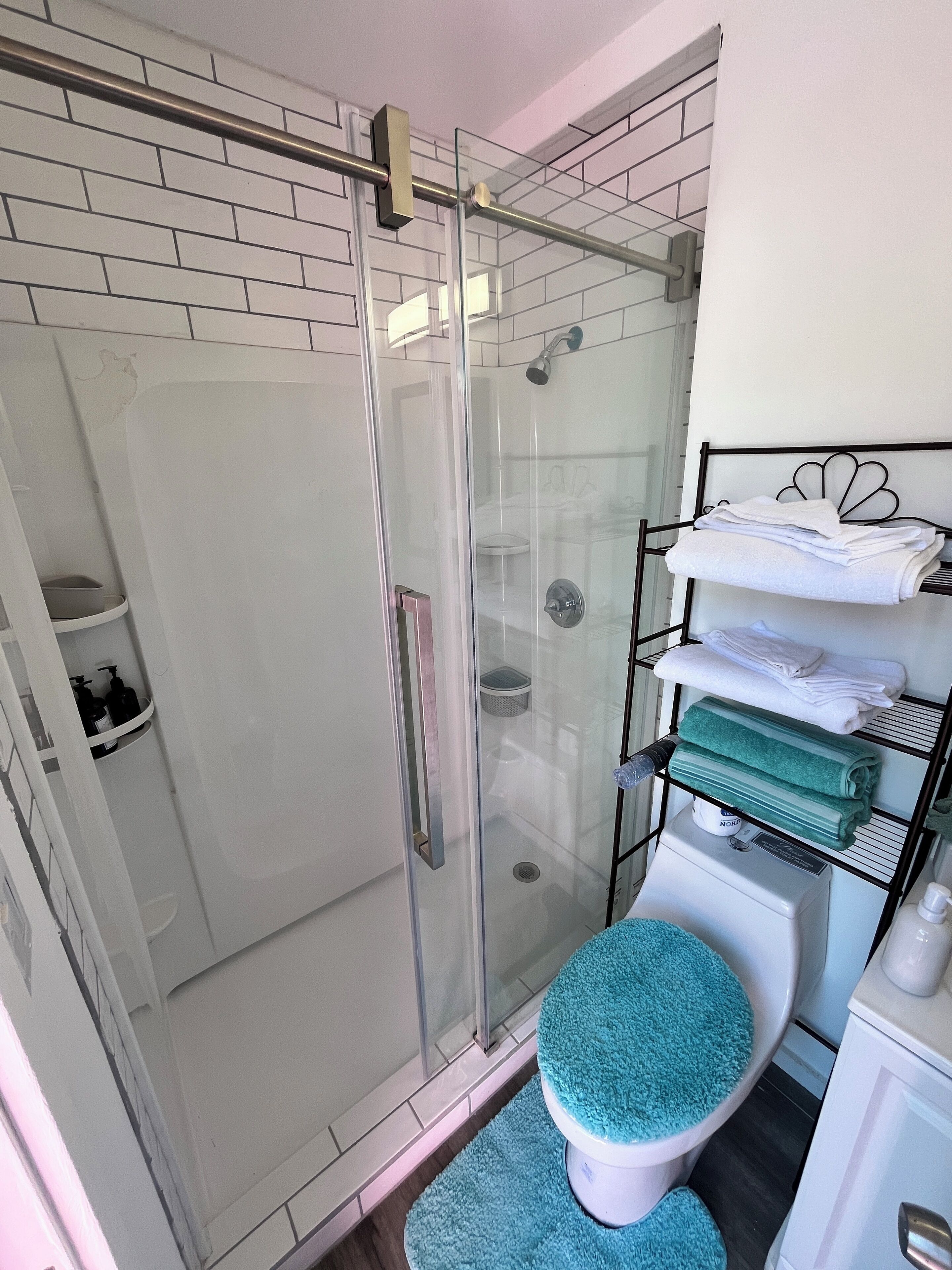 Shower, hair dryer, towels, soap