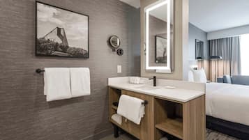 Rainfall showerhead, hair dryer, bathrobes, towels