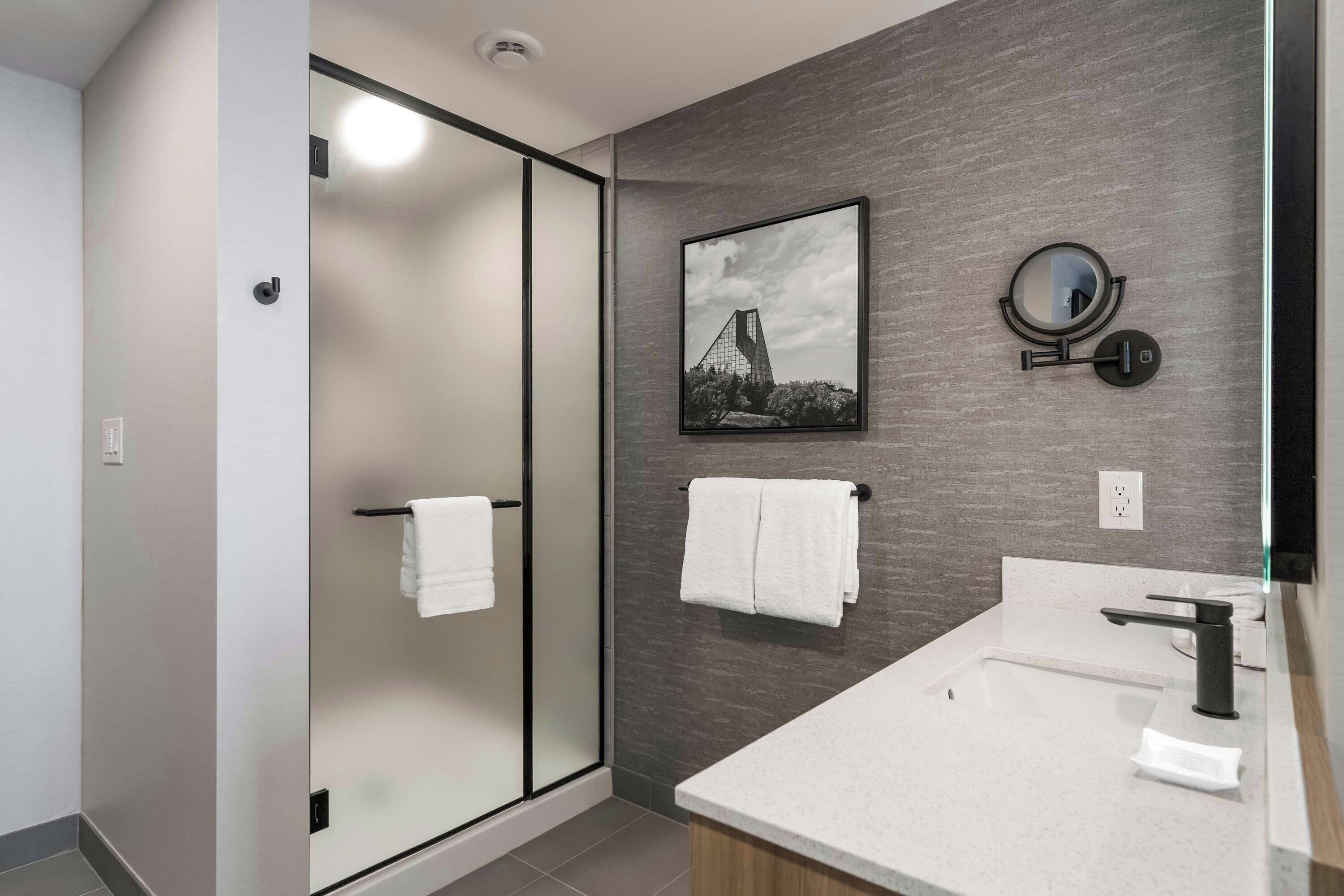 Rainfall showerhead, hair dryer, bathrobes, towels
