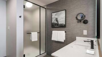 Rainfall showerhead, hair dryer, bathrobes, towels