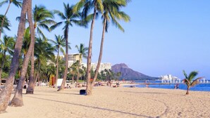 A beach with palm trees, a clear blue sky, and a mountain in the background. - Marine Surf by Tropical Escapes Realty (Honolulu)