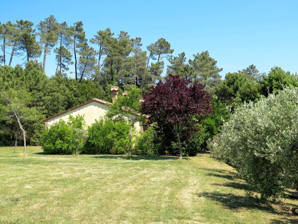 A house surrounded by a grassy field and trees.