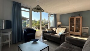 A living room with a sofa, armchair, and TV, large windows with curtains, a chandelier, and a cabinet with glass doors.