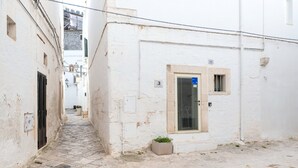 Een smalle, geplaveide steeg met witte gebouwen, een deur met een raam en een kleine plantenbak.