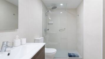 Regadera, secadora de cabello, toallas