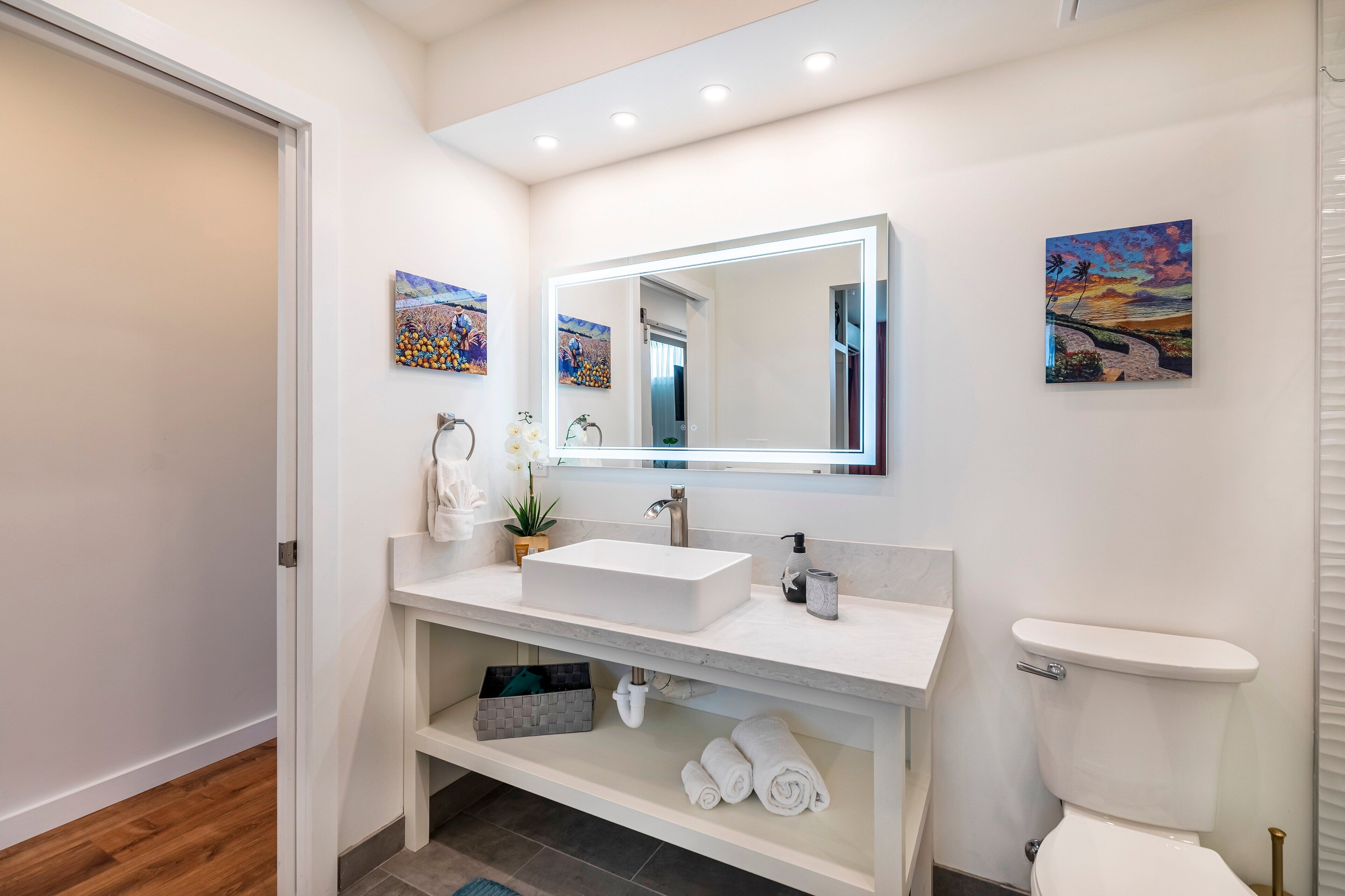 A modern bathroom with a white sink, mirror, and toilet. There are two framed paintings on the wall and a small plant on the vanity.