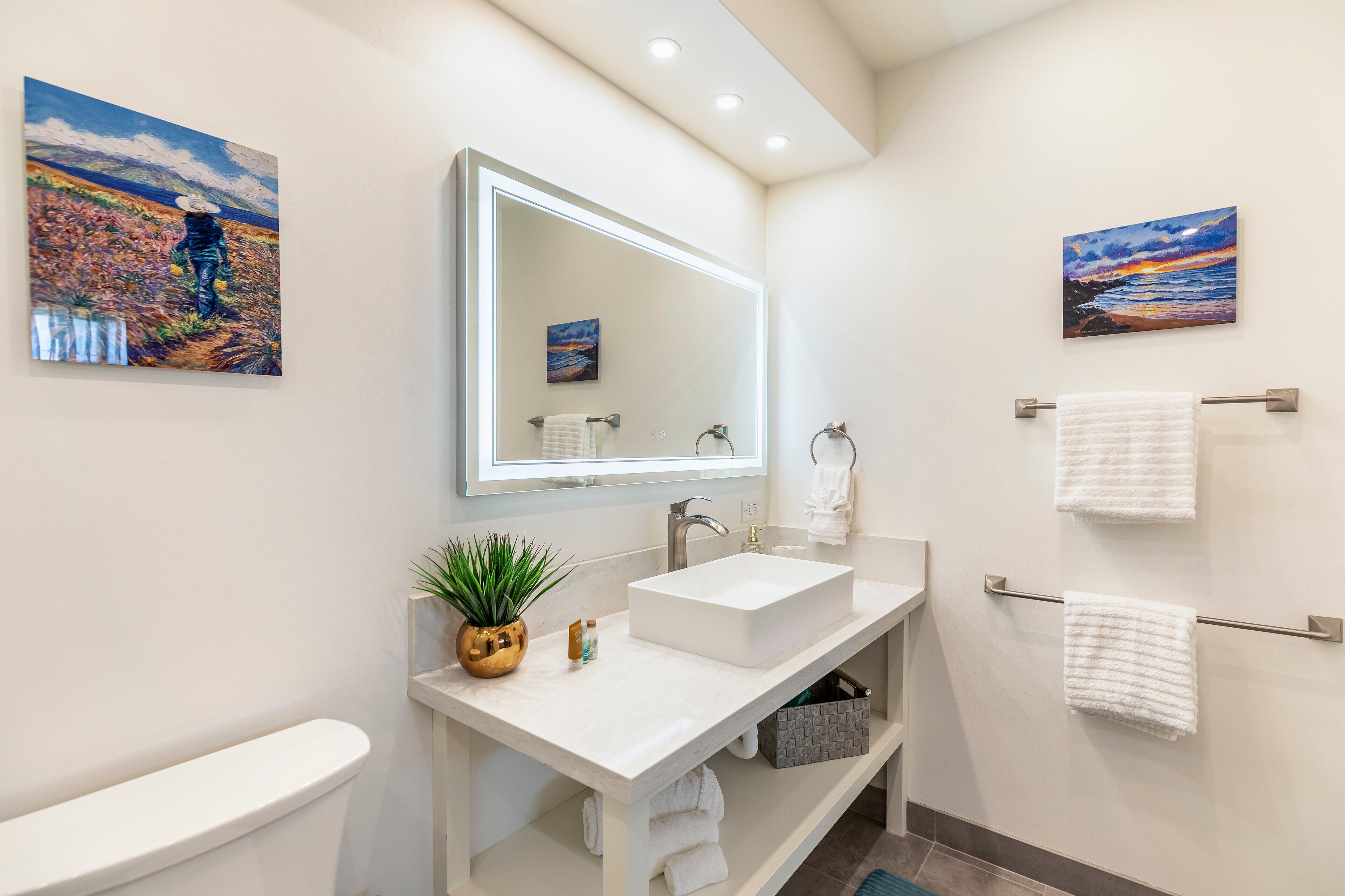 Une salle de bain moderne avec un lavabo blanc, un grand miroir et deux porte-serviettes fixés au mur.